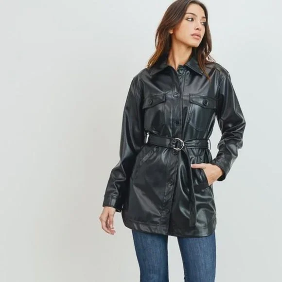 Sale! Black Faux Leather Belted Jacket Top - Picture 3 of 7